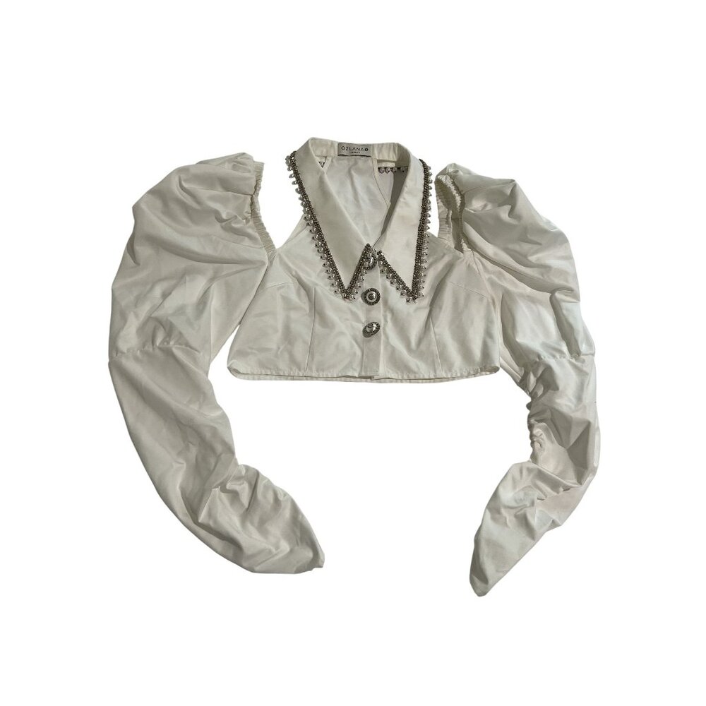 OZLANA Long Sleeve Collared Crop Top in White